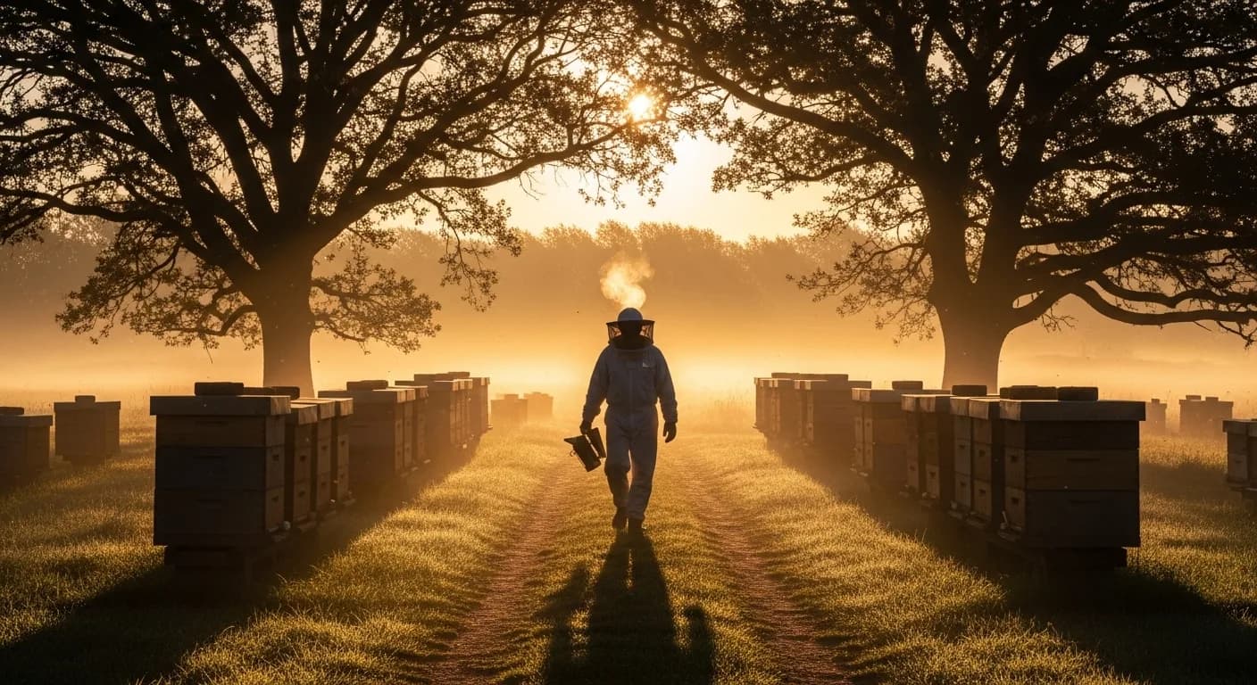 Beekeeper walking through misty apiary at sunrise