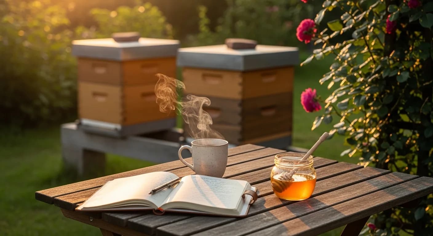 Welcoming garden table with honey jar and wildflowers