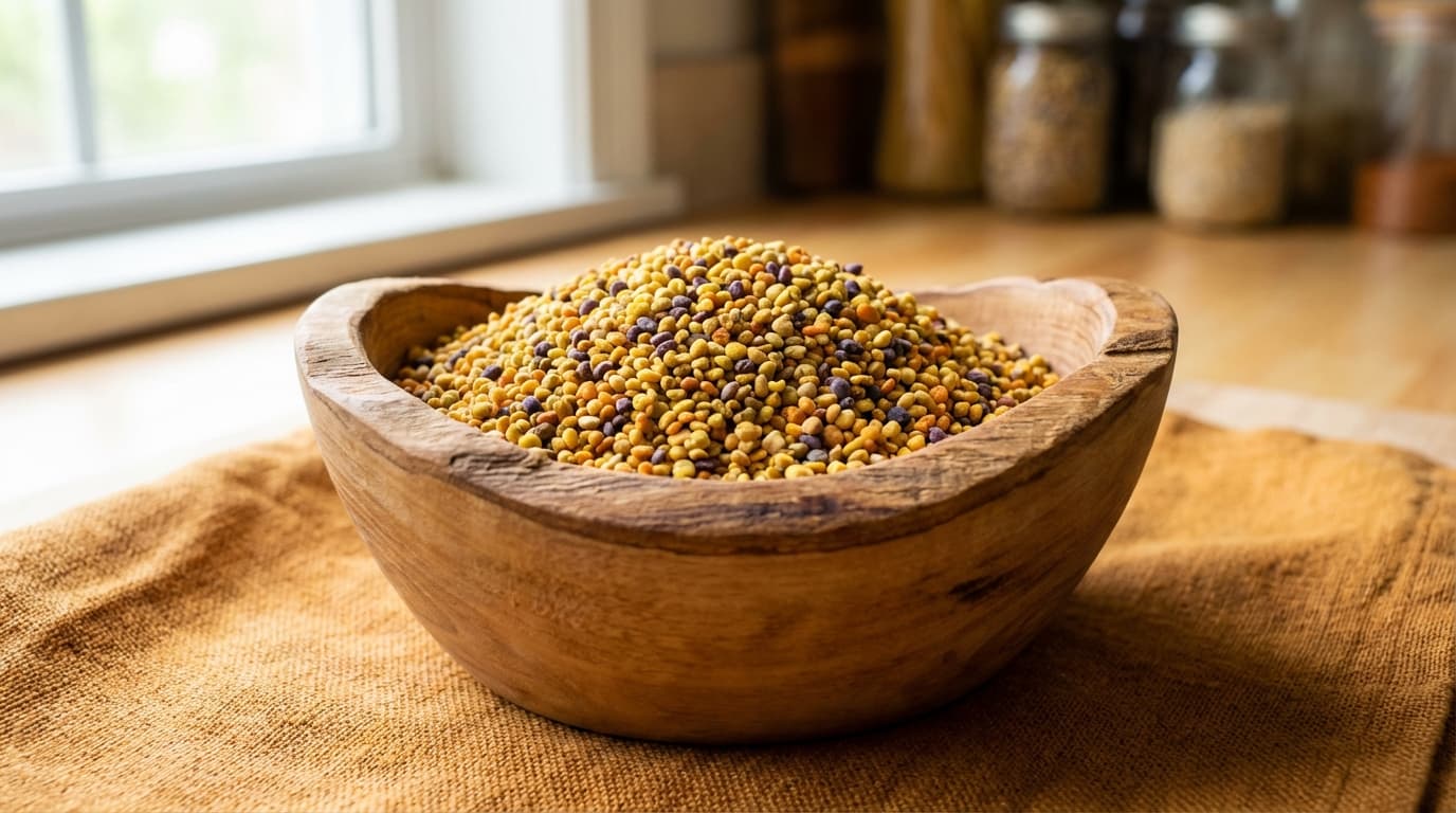 Honigbiene mit vollen Pollenhöschen an einer Blüte