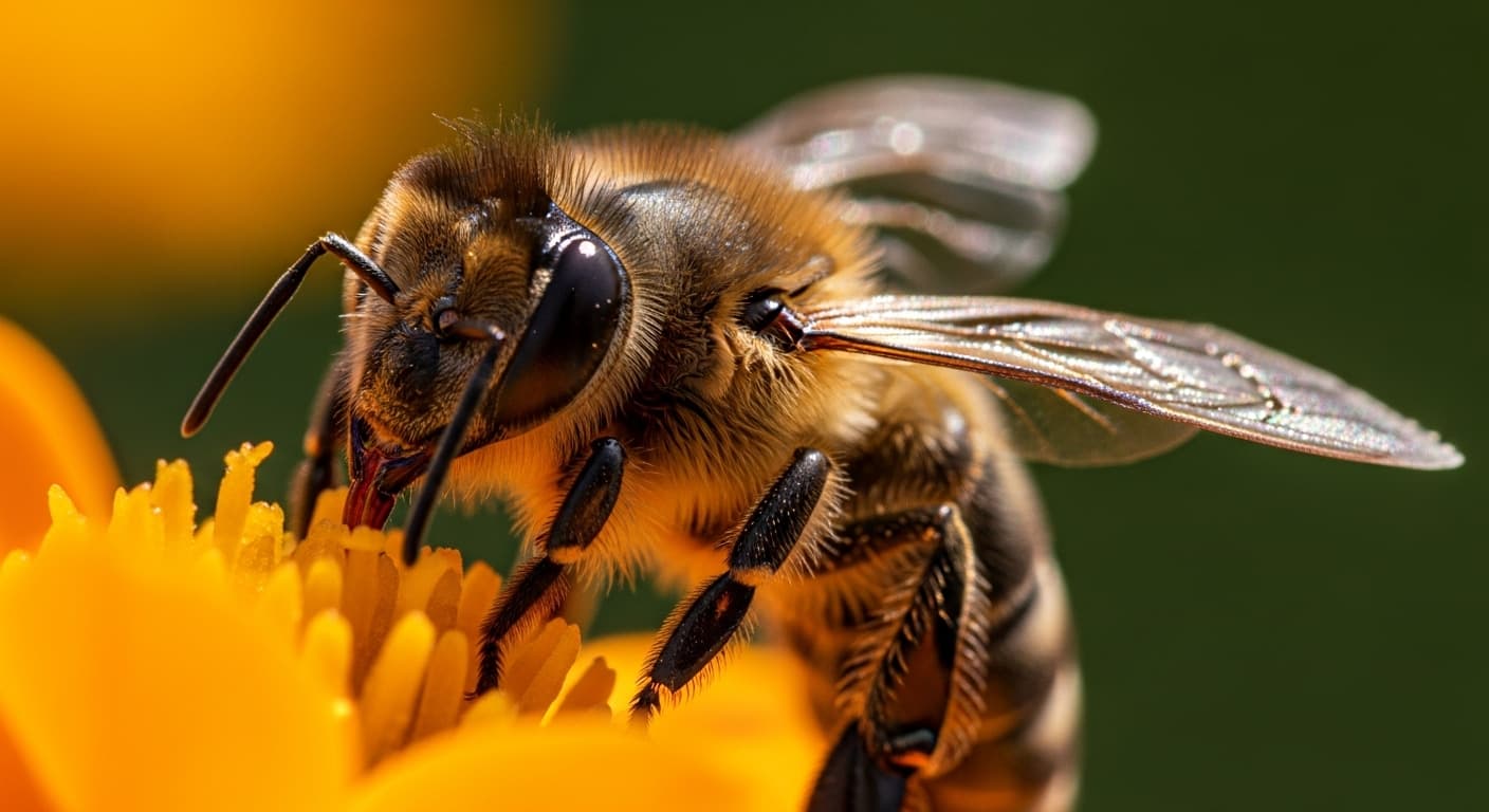 Detailaufnahme einer Honigbiene mit deutlich sichtbaren Facettenaugen und Fühlern