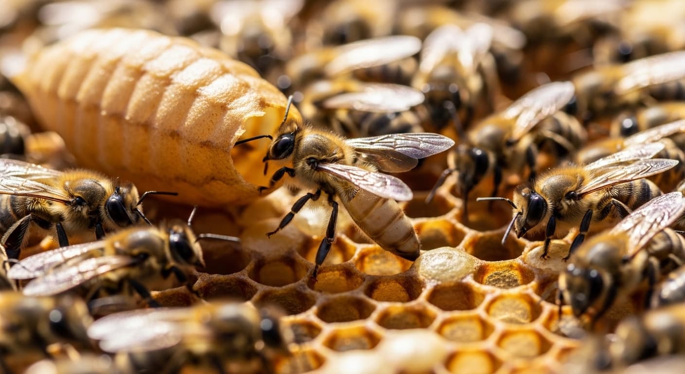 Makroaufnahme von Bienen bei der Wabenarbeit