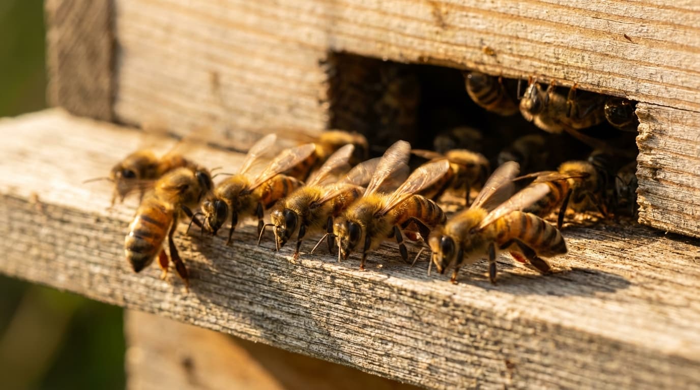 Bienen am Flugloch -- bei Vergiftungen zeigt sich hier das erste Warnsignal