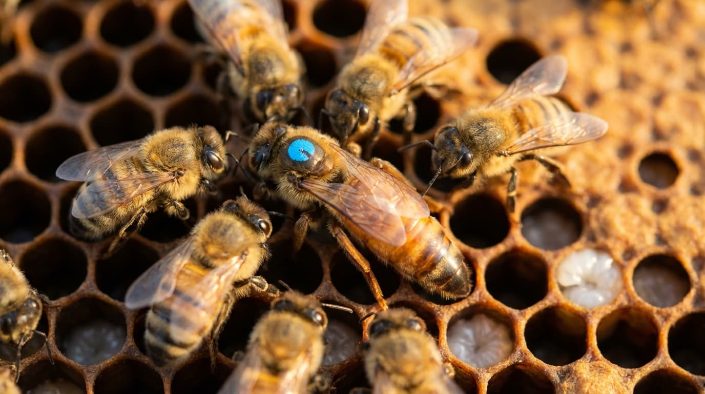 Eine gezeichnete Bienenkönigin mit blauem Punkt auf der Wabe, umgeben von ihrem Hofstaat