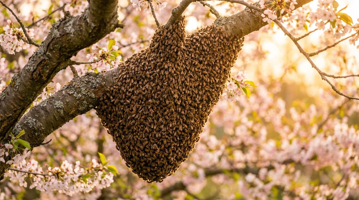 Bienenschwarm haengt als Traube an einem Ast