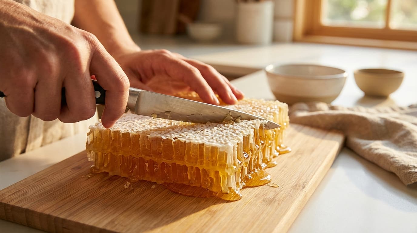 Rohes Stück Bienenwabe mit goldenem Honig