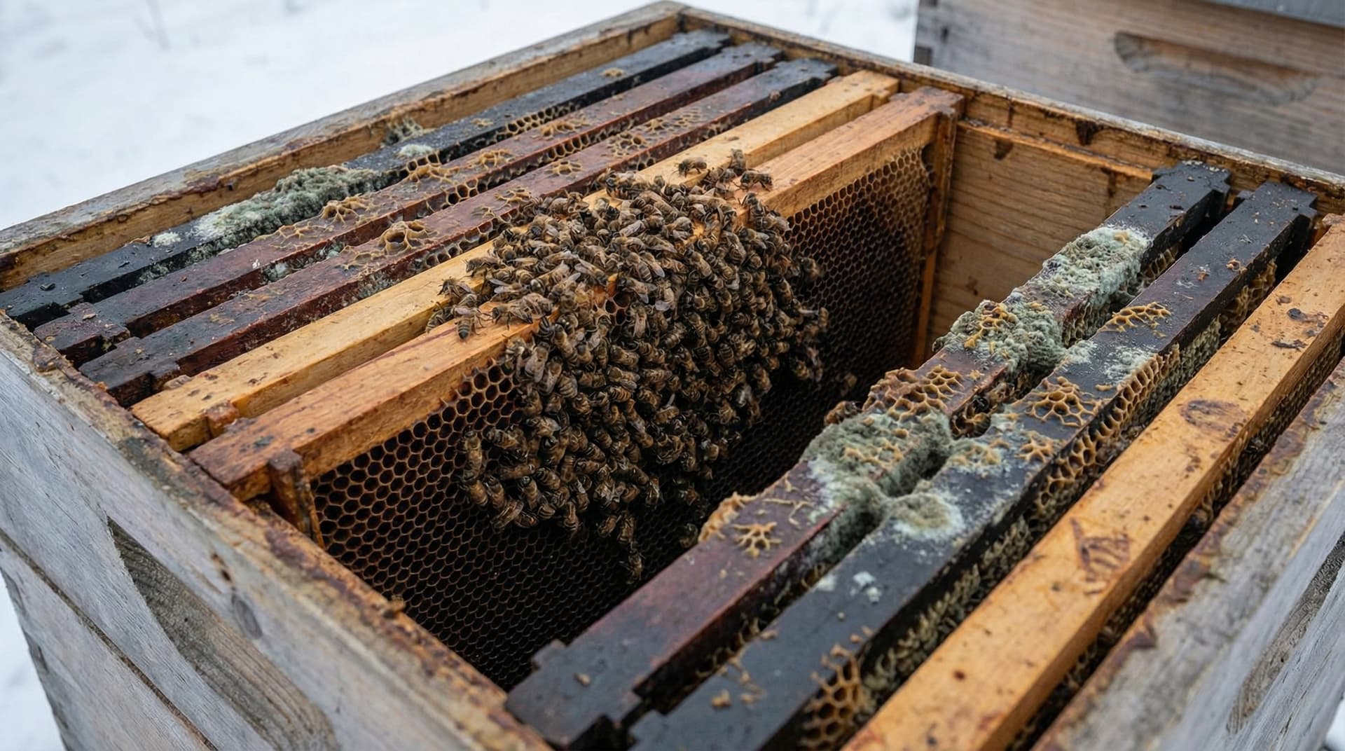 Totes Bienenvolk im Winter: Abgestorbene Bienentraube auf den Waben mit Schimmelbefall