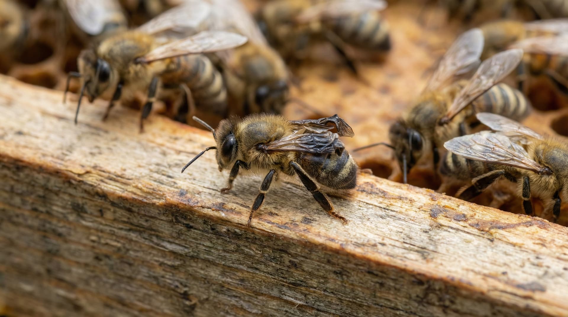 Biene mit verkrueppelten Fluegeln durch das Fluegeldeformationsvirus (DWV)