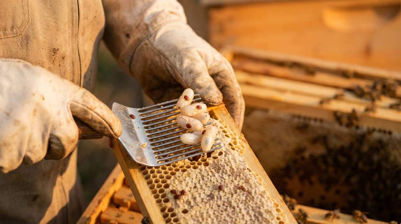 Drohnenbrut wird auf Varroa-Befall kontrolliert
