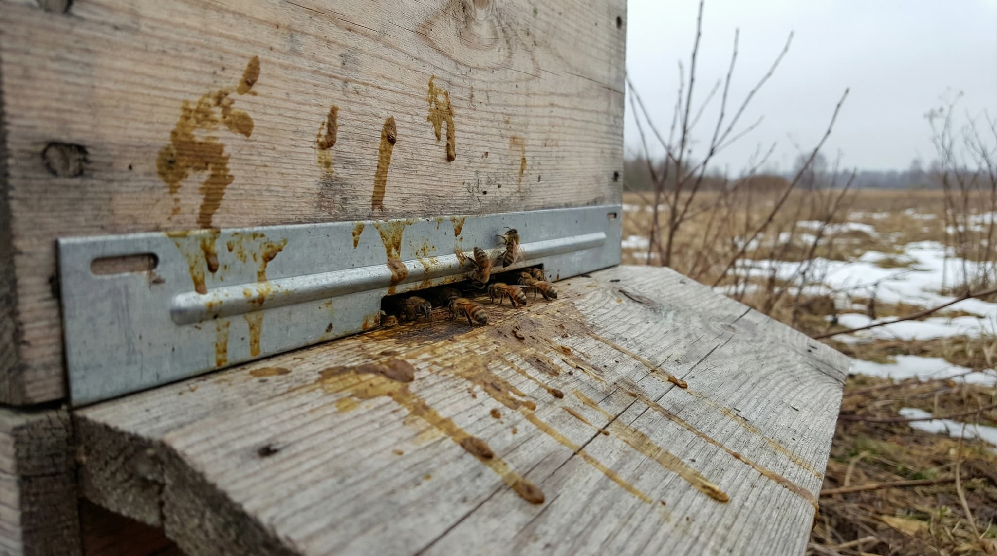 Nosemose-Symptome: Braun-gelbe Kotflecken auf dem Anflugbrett und der Beutenwand im Winter