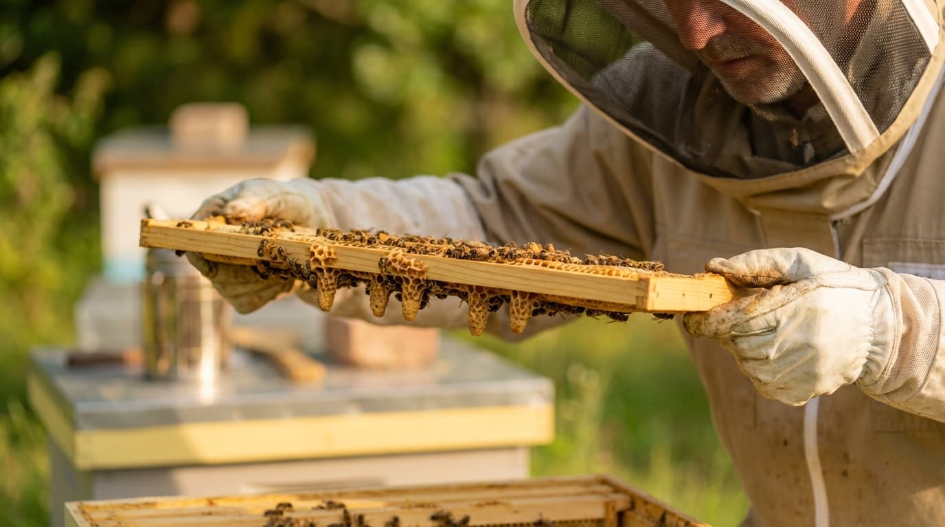 Absperrgitter bei der Durchsicht einer Bienenbeute