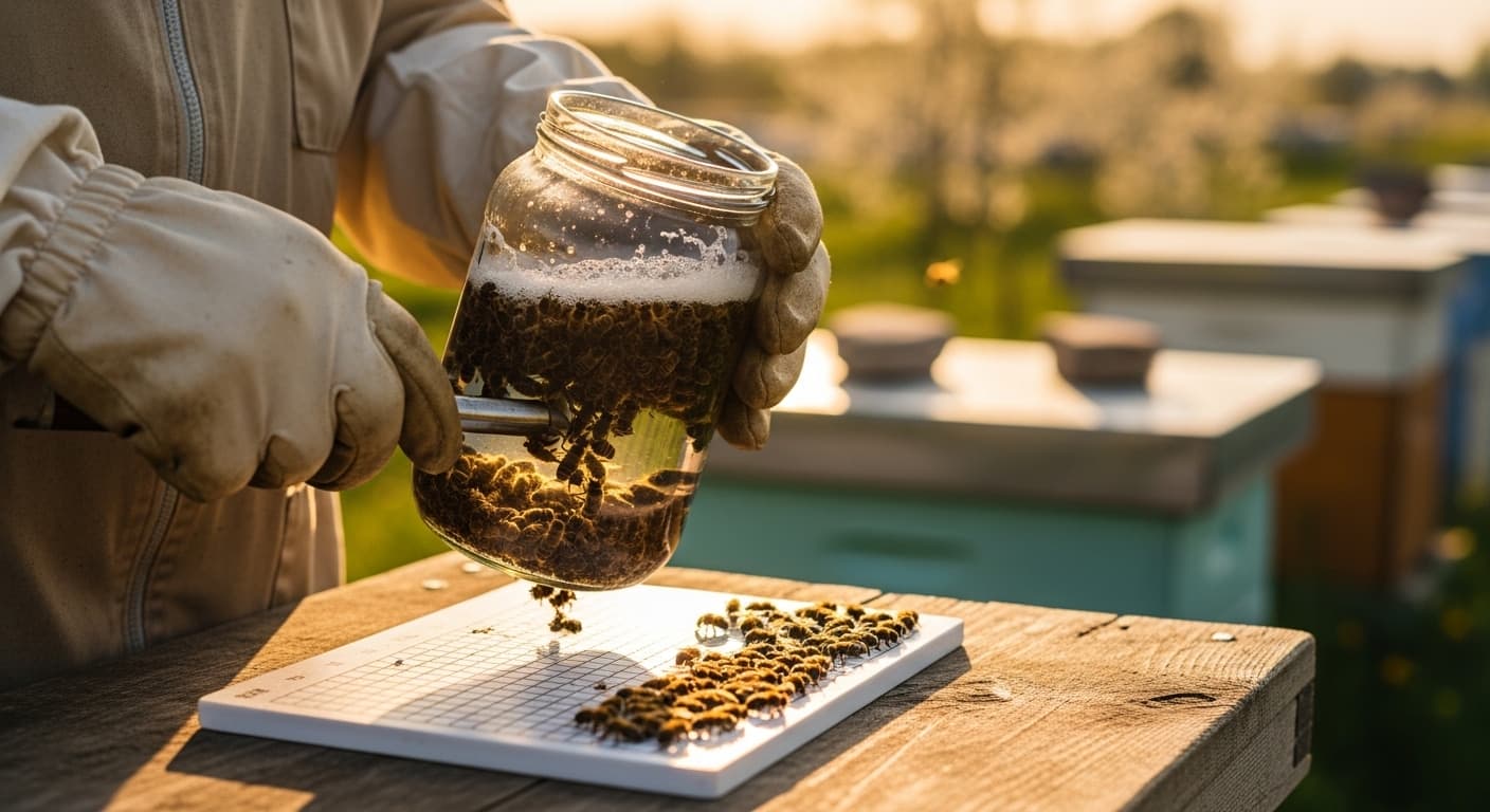 Varroakontrolle mit Puderzuckermethode an einem Bienenstand