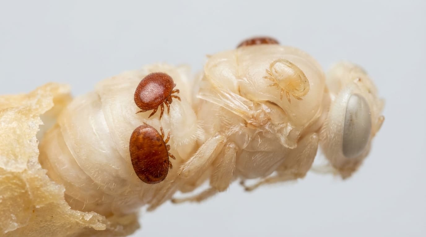 Makroaufnahme: Varroa-Milben auf einer weissen Drohnenpuppe