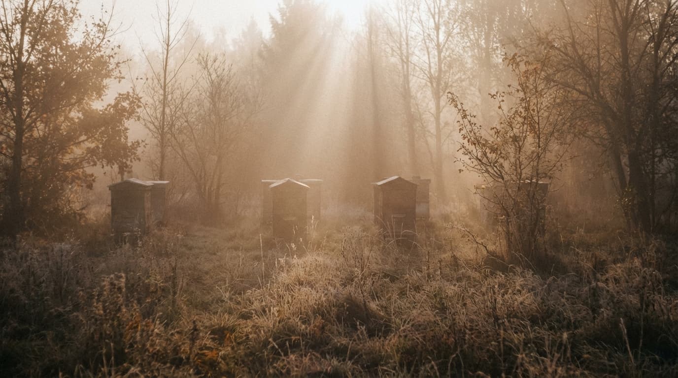 Bienenbeuten im winterlichen Morgennebel