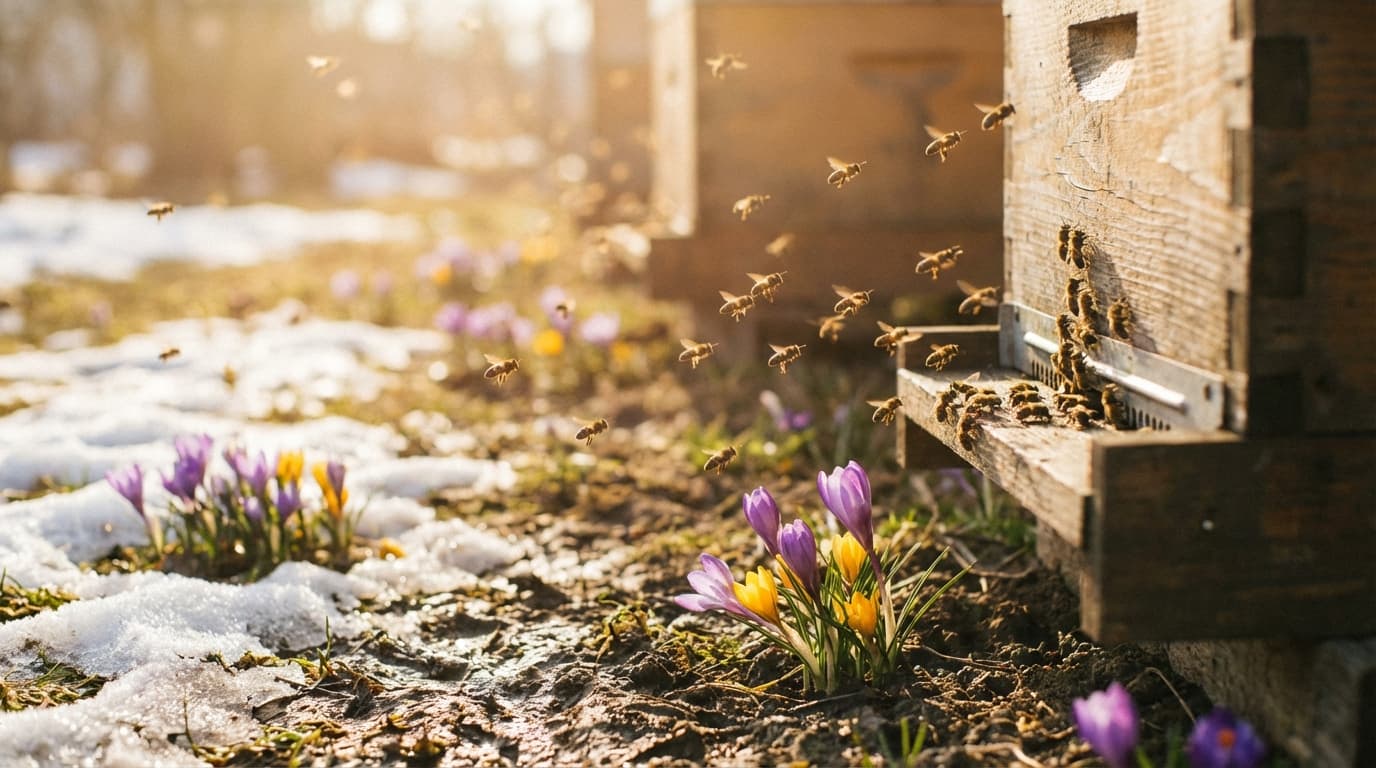 Bienen am Flugloch eines Bienenstocks im Sommer