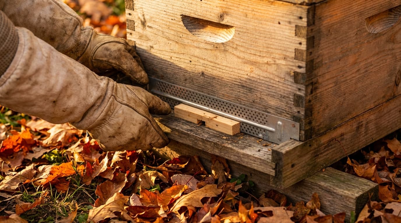 Mäusegitter am Flugloch einer Bienenbeute im Herbst
