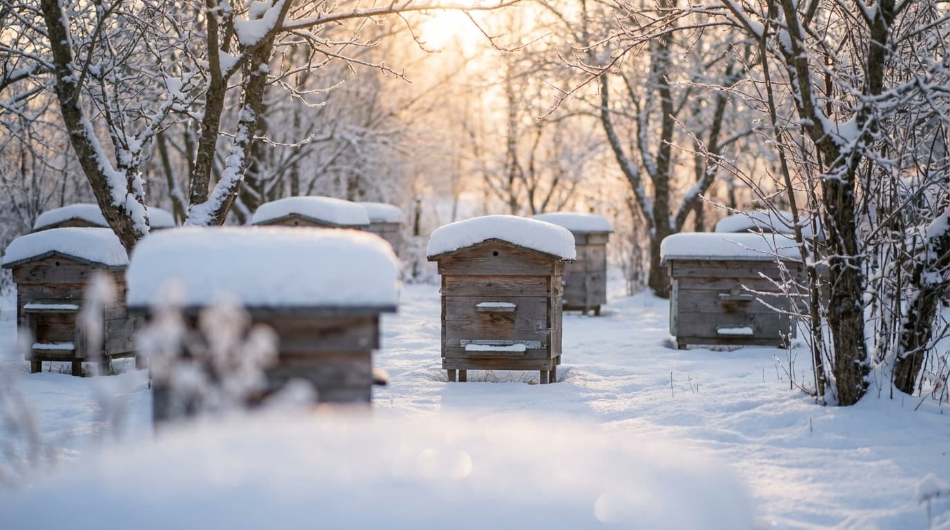 Schneebedeckte Bienenbeuten im Winter