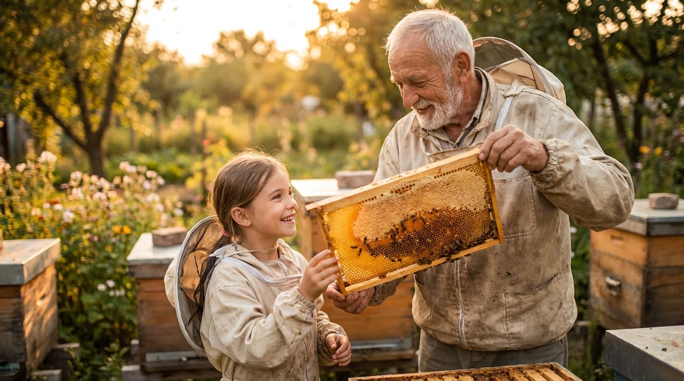 Familie beim gemeinsamen Imkern
