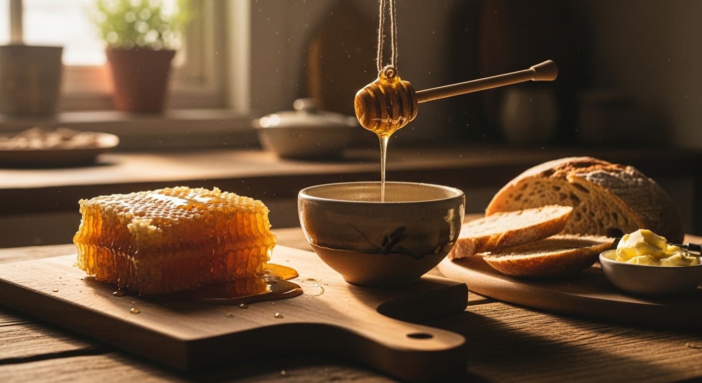 Frühstückstisch mit Honig, Brot und Obst