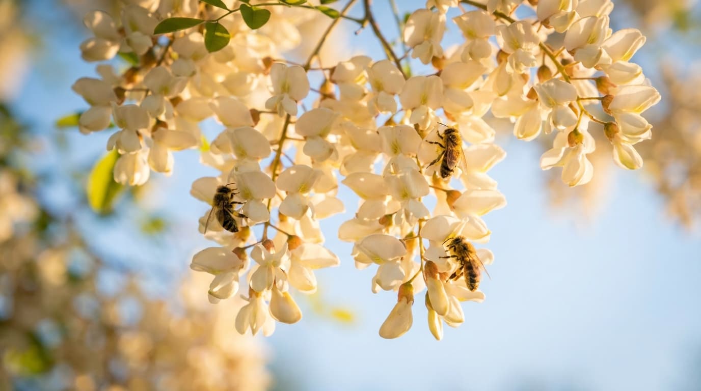 Weisse Robinienblueten in Trauben