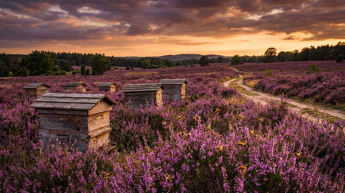 Bienenstand in bluehender Heide auf einer Moorlandschaft