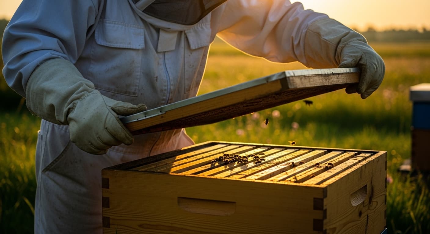 Ein Imker öffnet vorsichtig eine Bienenbeute im warmen Nachmittagslicht