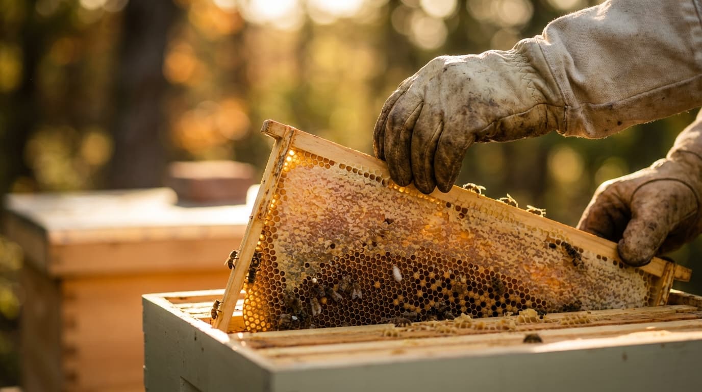 Geschlossenes, gleichmäßiges Brutbild mit verdeckelten Zellen auf einer Bienenwabe