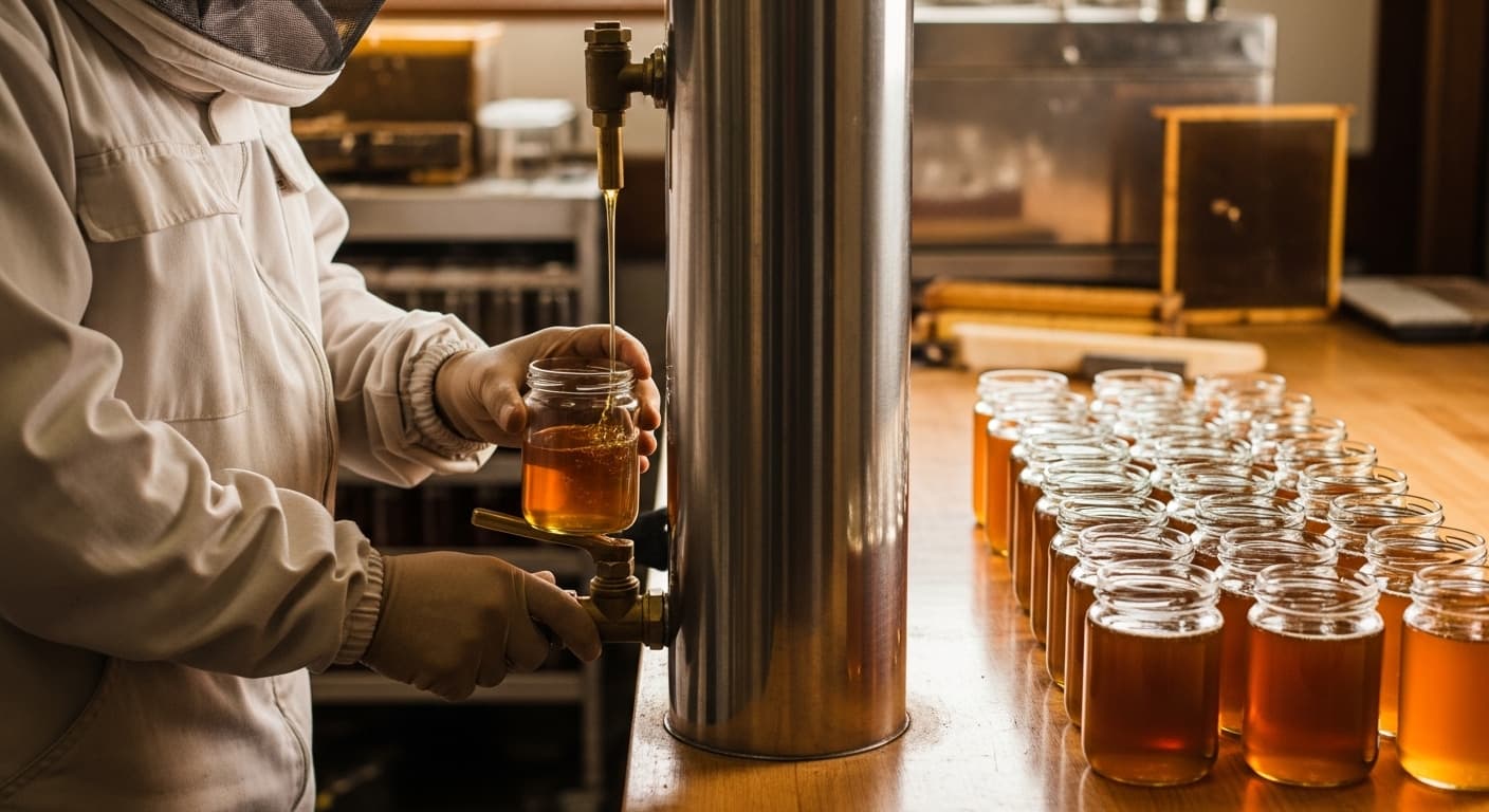 Imker macht Notizen neben seinem Bienenstand