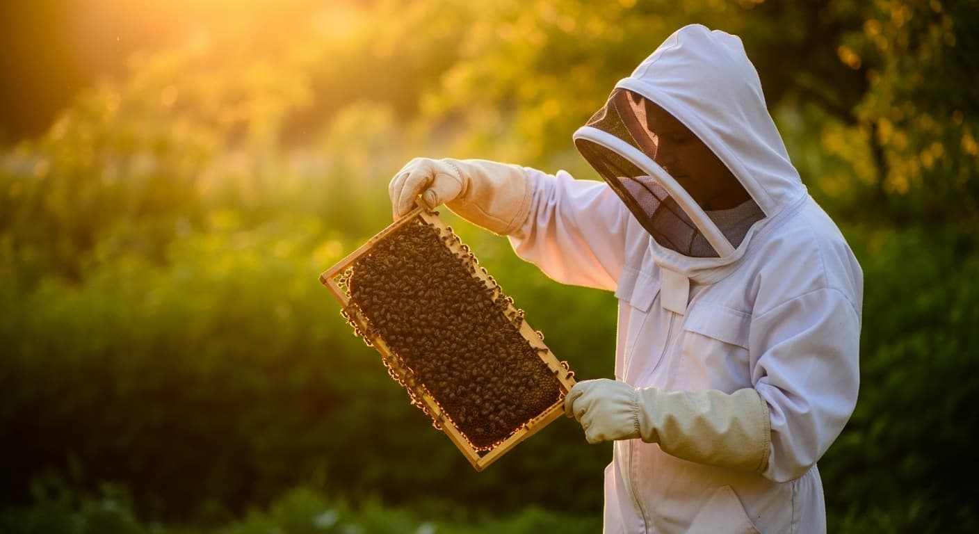 Imker praesentiert eine Wabe bei der Durchsicht