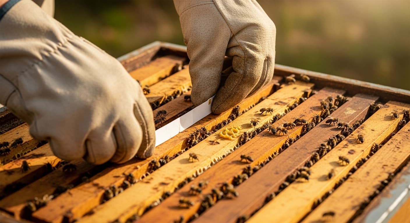 Imker bei der Wabenarbeit am Bienenstand