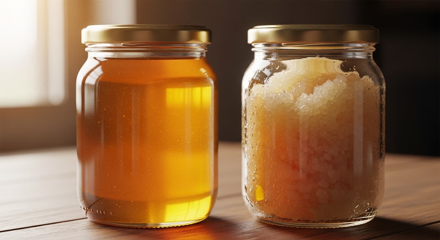 Honigglas auf rustikalem Holztisch