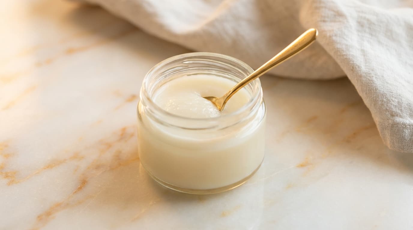 Glas mit feincremigem Honig in heller Farbe