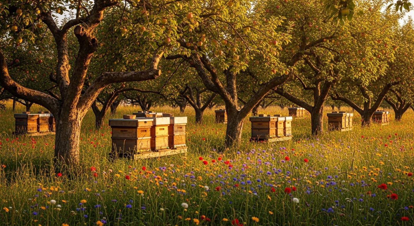 Bienenstock neben einer bluehenden Wildblumenwiese
