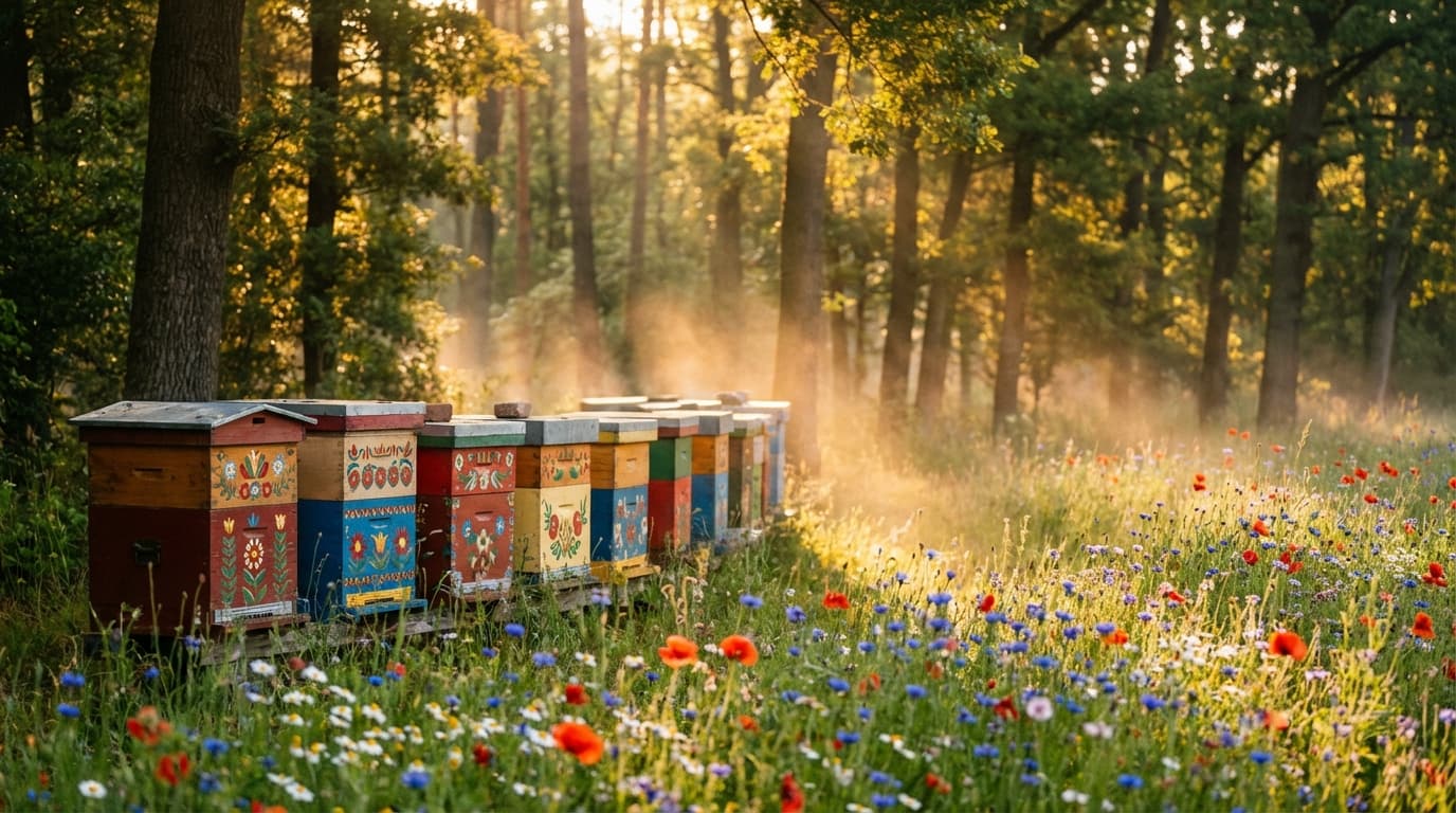 Bienenstand am Waldrand mit Bergpanorama