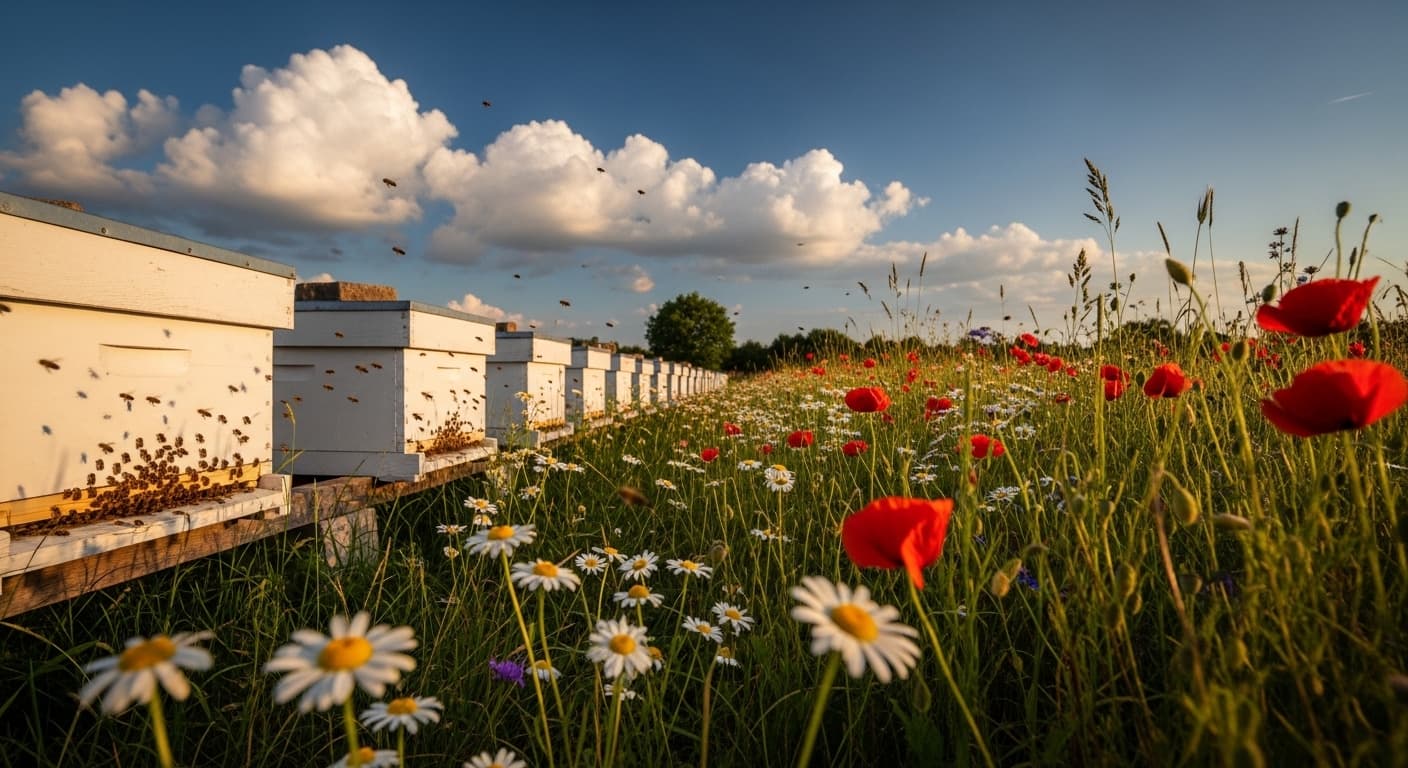 Bienenstand mit Sensoren umgeben von Wildblumen