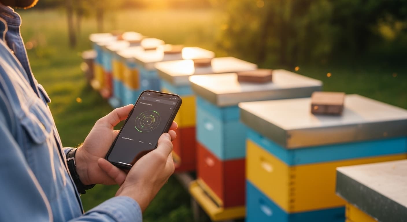 Smartphone-Nutzung am Bienenstand mit bunten Beuten