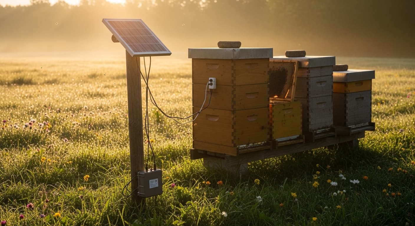 Solarbetriebener Sensor am Bienenstock auf einer Wiese