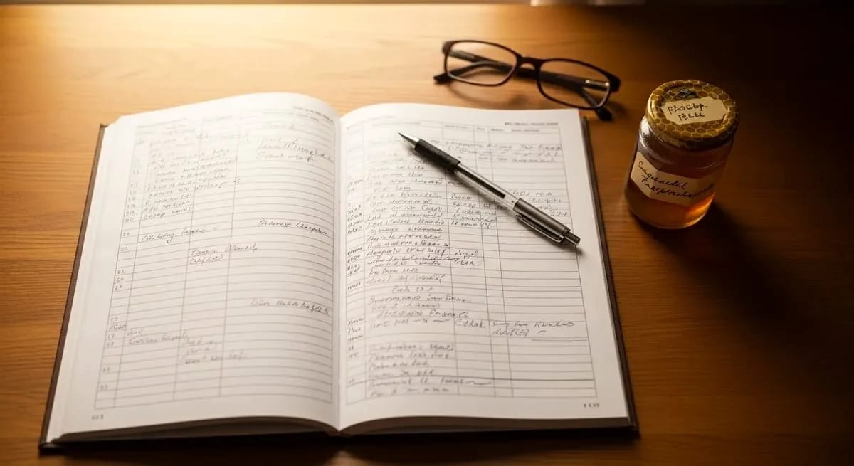 An open handwritten colony record book with a pen, glasses, and a honey jar on a wooden table.