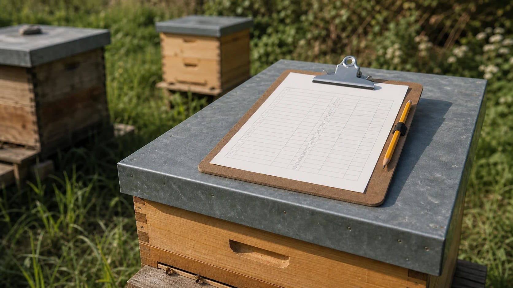 A clipboard with a tabular paper hive record and pencil rests on the metal lid of a wooden hive at the apiary
