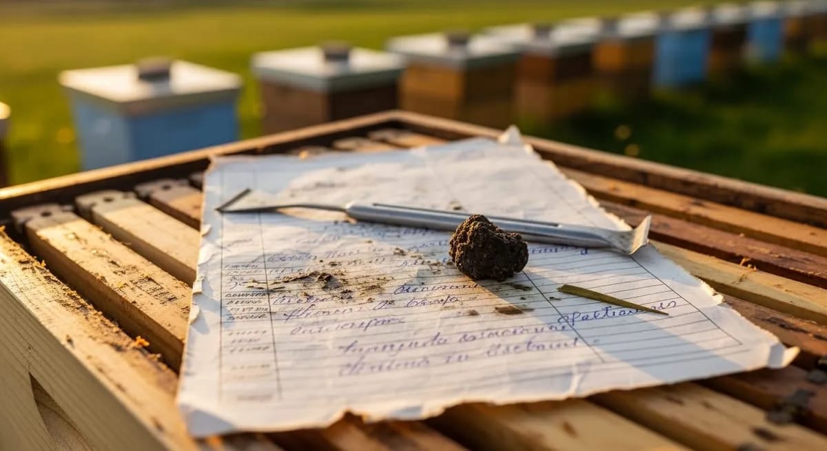 Handwritten hive record sheet on top of a beehive outdoors, with a row of colourful hive boxes in the background.