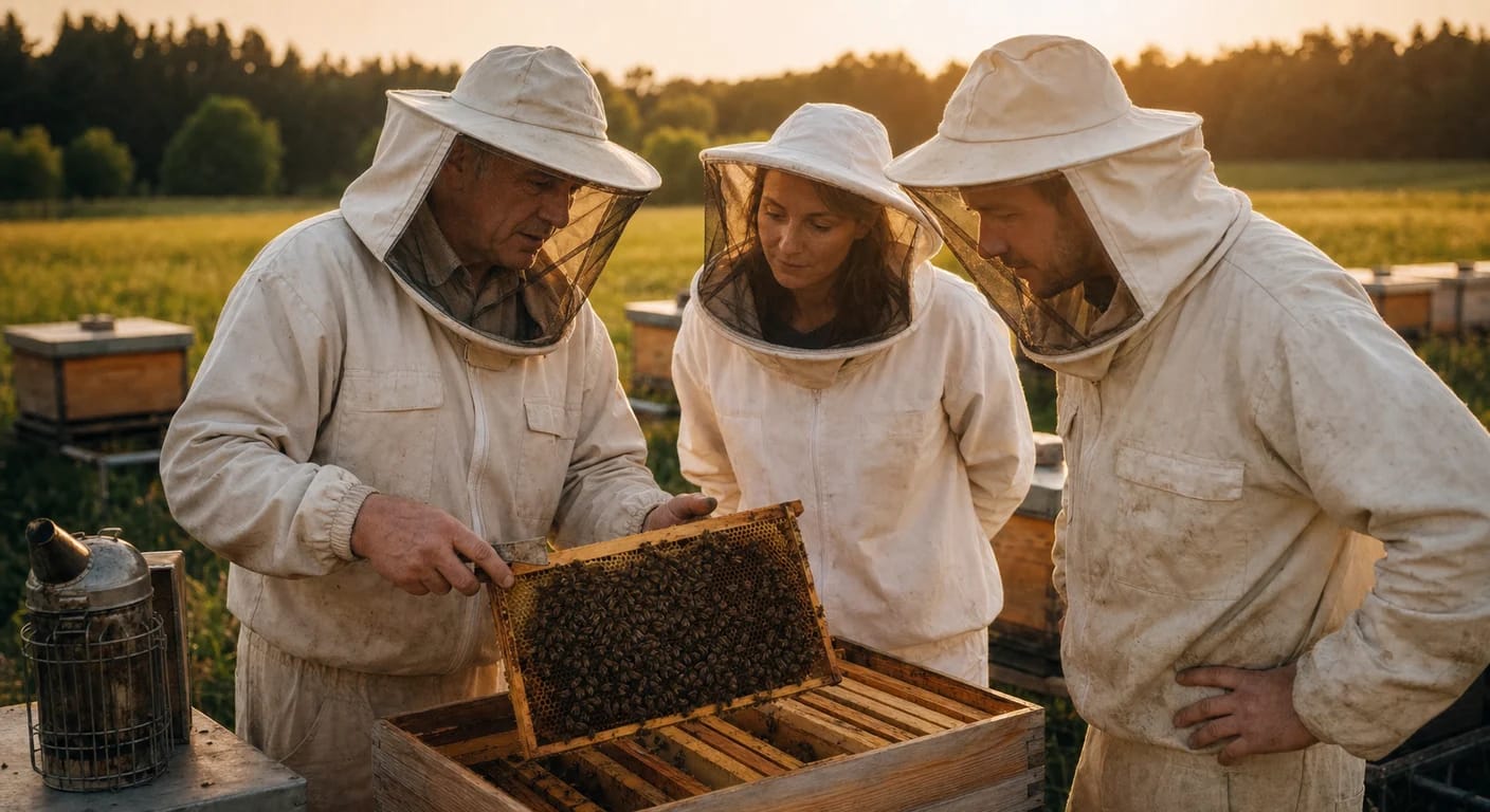 Three beekeepers share knowledge while inspecting a colony together