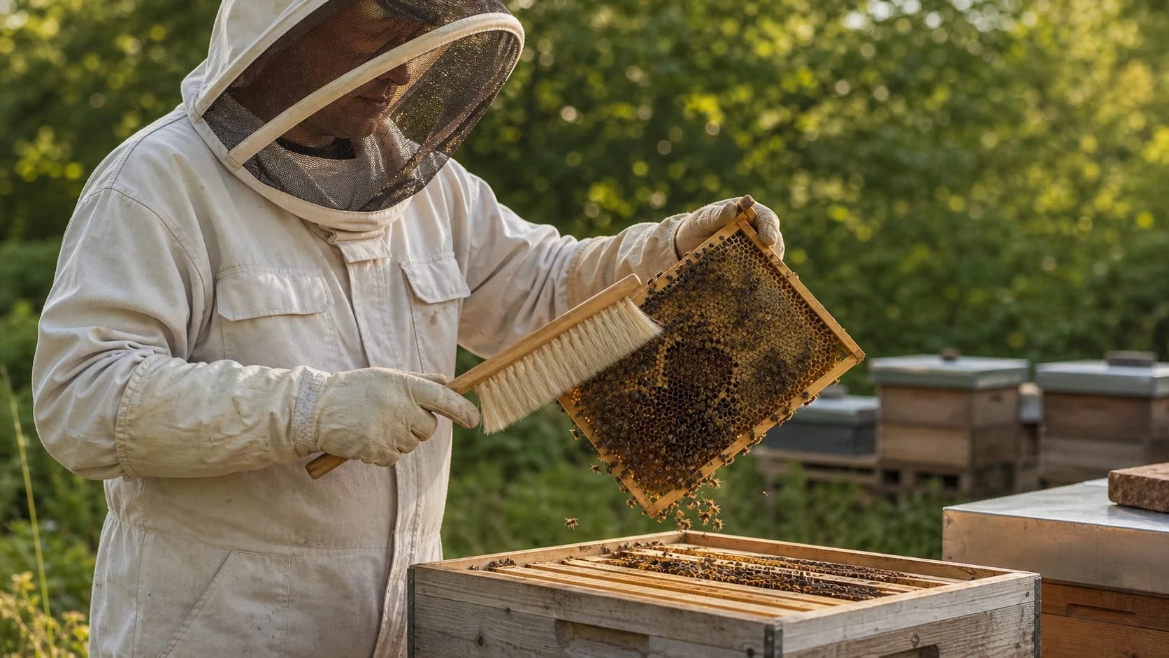 Beekeeper in protective suit and veil brushes bees from a comb frame into an open wooden hive with a bee brush.