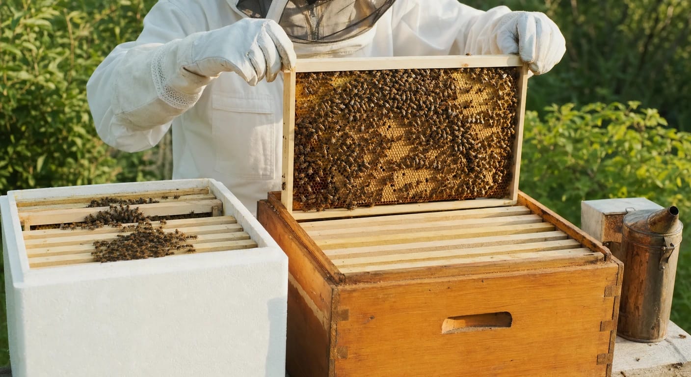 Beekeeper in protective gear holds a bee-covered frame above an open wooden hive beside a polystyrene box with frames.