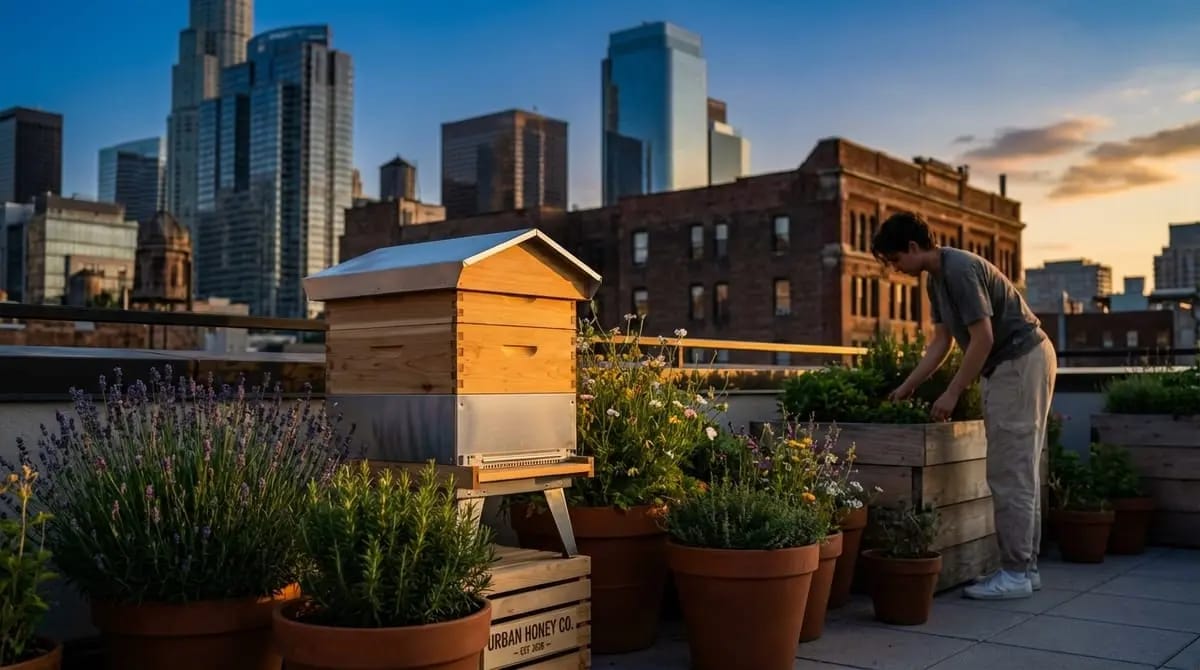 Person pflegt Pflanzen neben einer modernen Bienenbeute auf einer städtischen Dachterrasse vor der Skyline