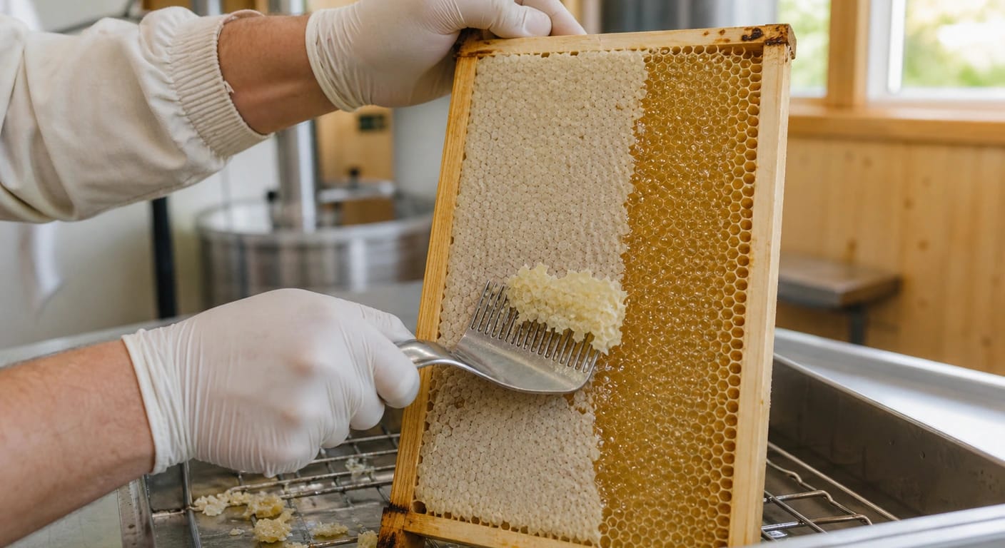 Hands in white gloves use a metal uncapping fork on a honeycomb frame, half capped and half open.