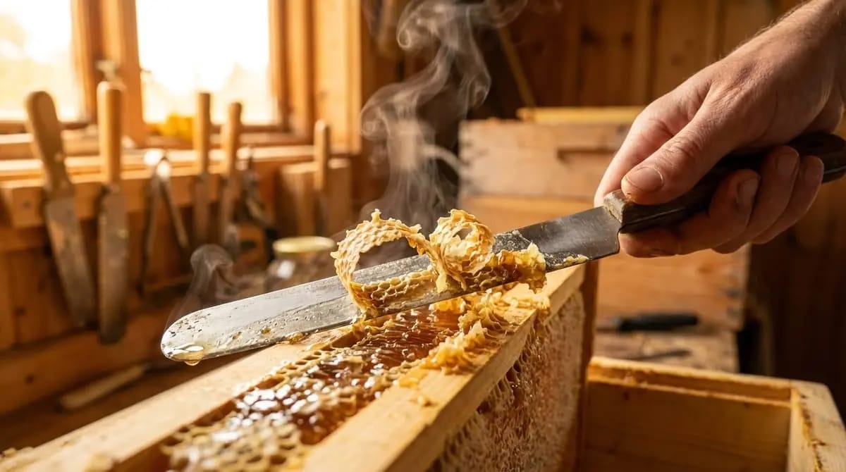 A bare hand guides a heated uncapping knife over a honeycomb in a wooden frame, as wax curls lift away and steam rises, in a rustic wooden workshop.