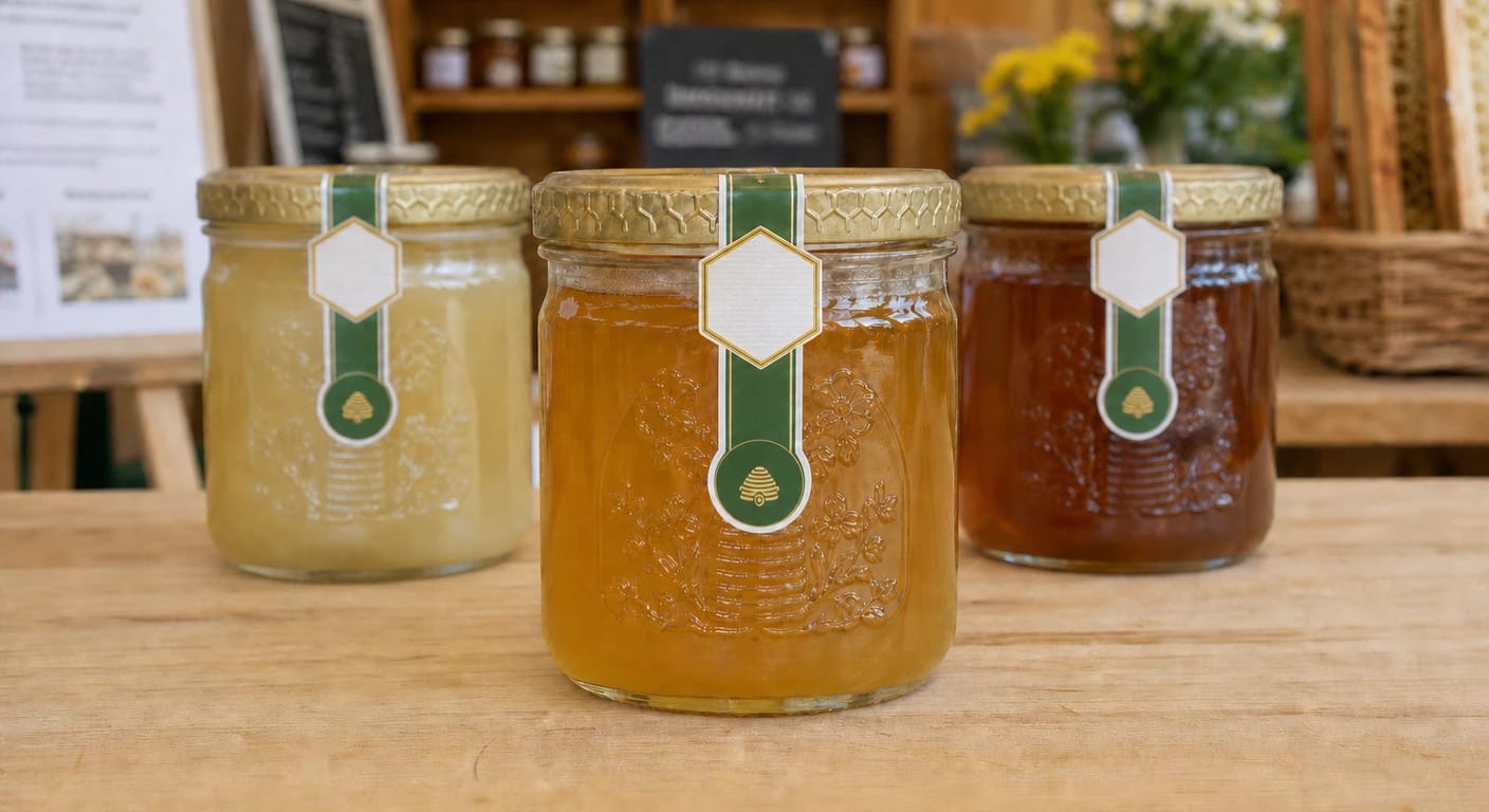 Three honey jars with gold lids and green-and-white label bands—pale, golden and dark—on a wooden table.