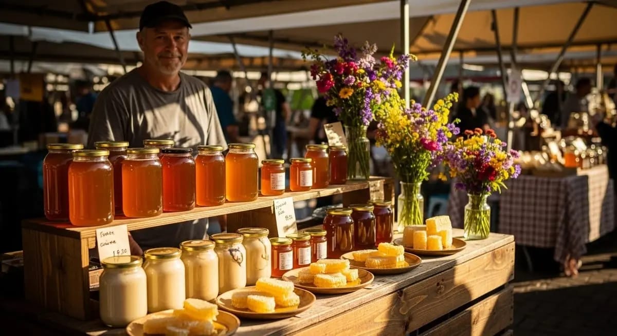Marktstand mit vielen Honiggläsern verschiedener Sorten, Wabenhonig und Wildblumensträußen