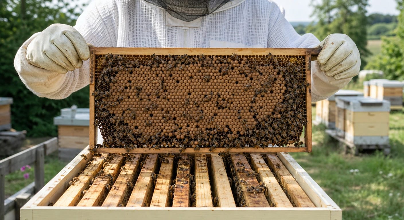 Beekeeper in protective gear holding a frame with many raised, dome-capped cells above an open hive box
