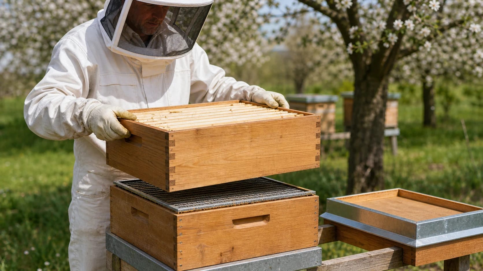 Beekeeper adds a framed honey super above the queen excluder during fruit-tree blossom.