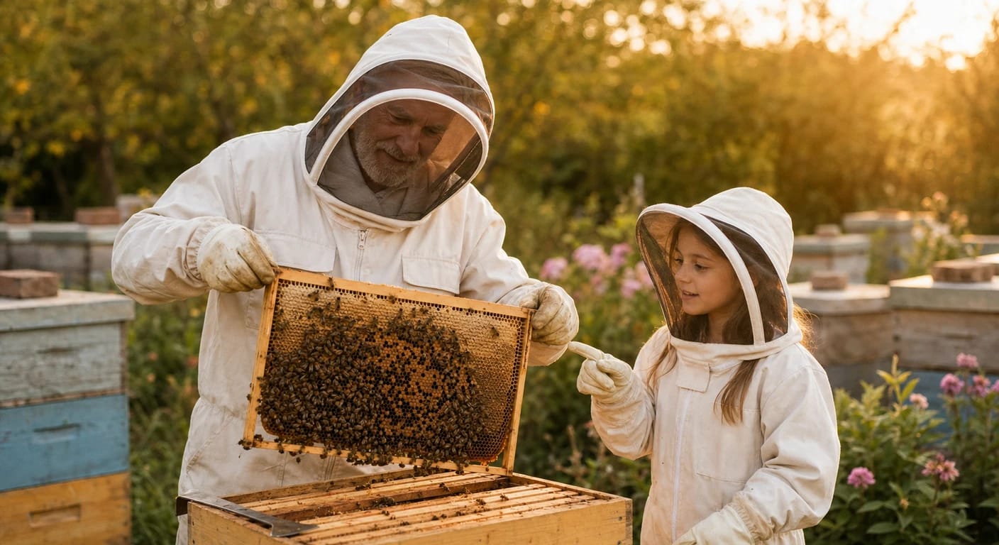Älterer Imker und Mädchen in Schutzanzügen betrachten ein bienenbesetztes Wabenrähmchen am Bienenstand